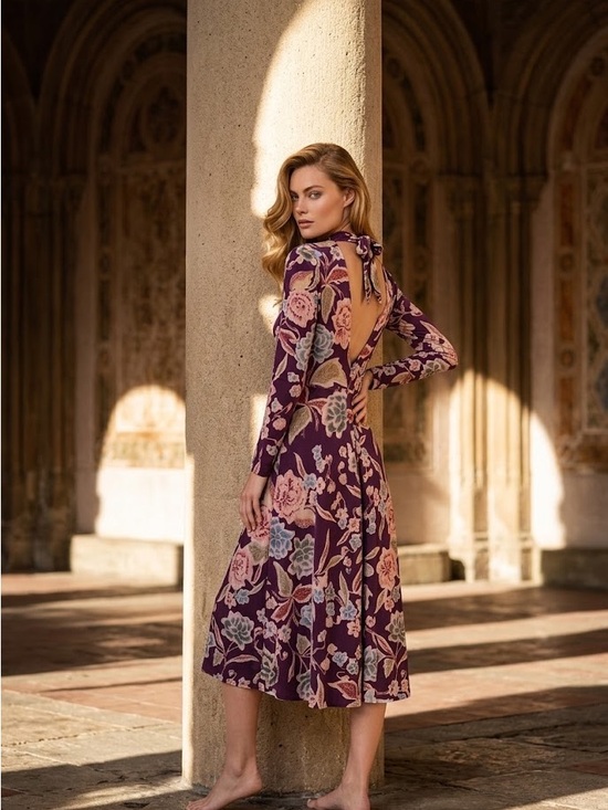 Zara Dresses & Skirts - Zara Plum Floral Long-Sleeve Midi Dress with Tie-Back